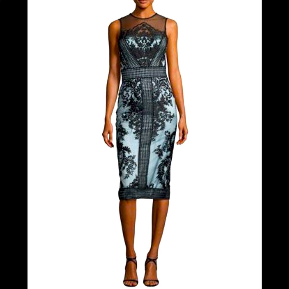 THEIA - Sleeveless Two-Tone Illusion Embroidered Lace Cocktail Dress